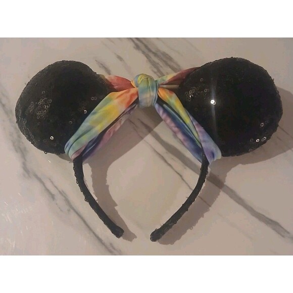 Black Sequin Mouse Ears Tie Dye Bow Headband Mickey Minnie - Picture 5 of 5